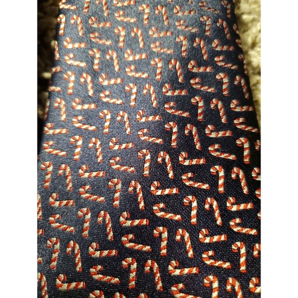 Club Room navy blue Christmas Candy Cane Printed Men's Necktie - Picture 6 of 8